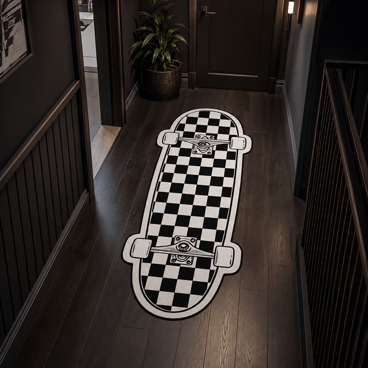 TEMU A Black And White Checkerboard-pattern Skateboard-shaped Irregular Mat, Vintage Street-style Trendy Creative Rug, Simple And Cool , Bedroom