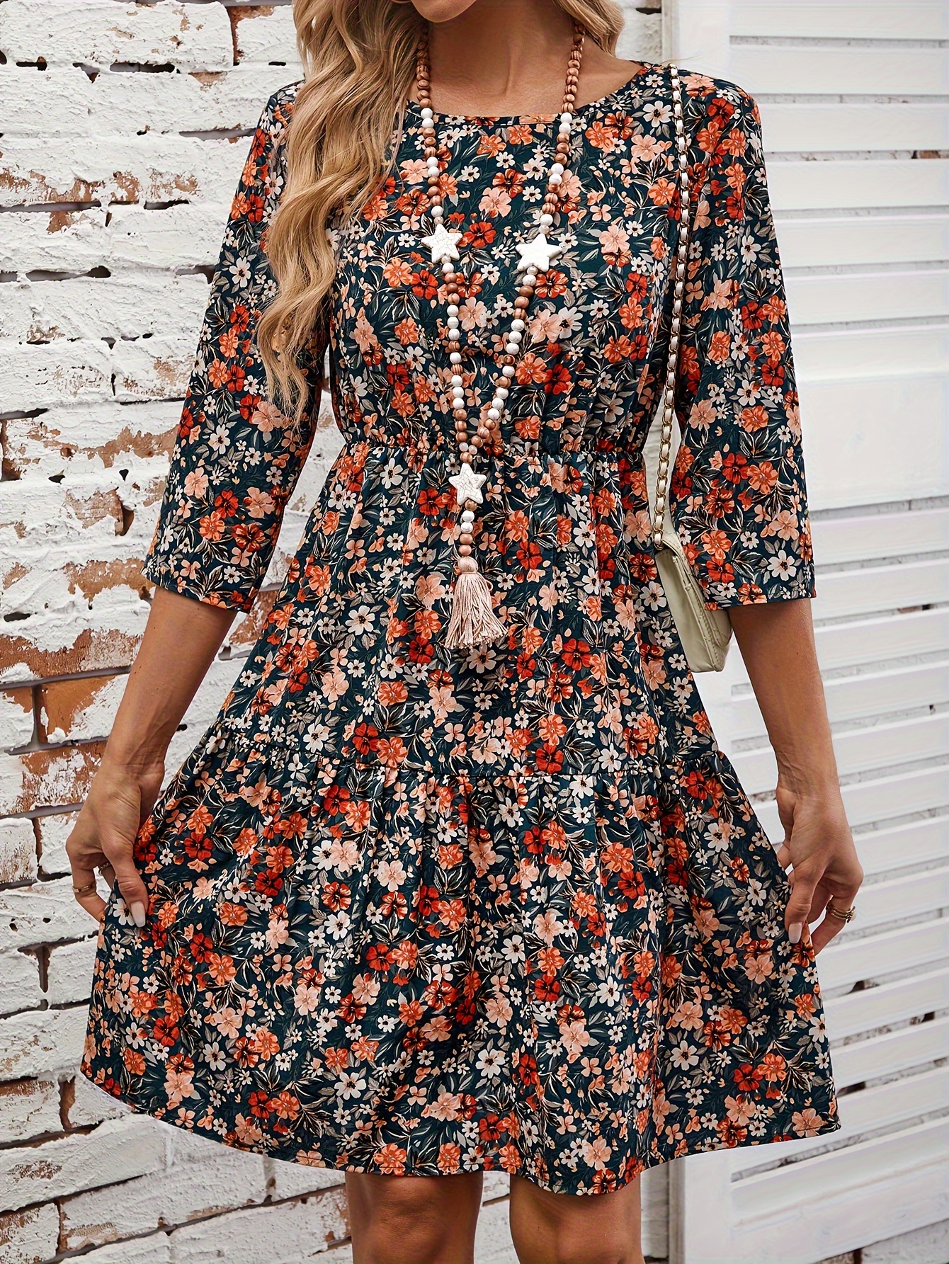 elegant floral print midi dress women crew neck 3 4 sleeve a - Temu