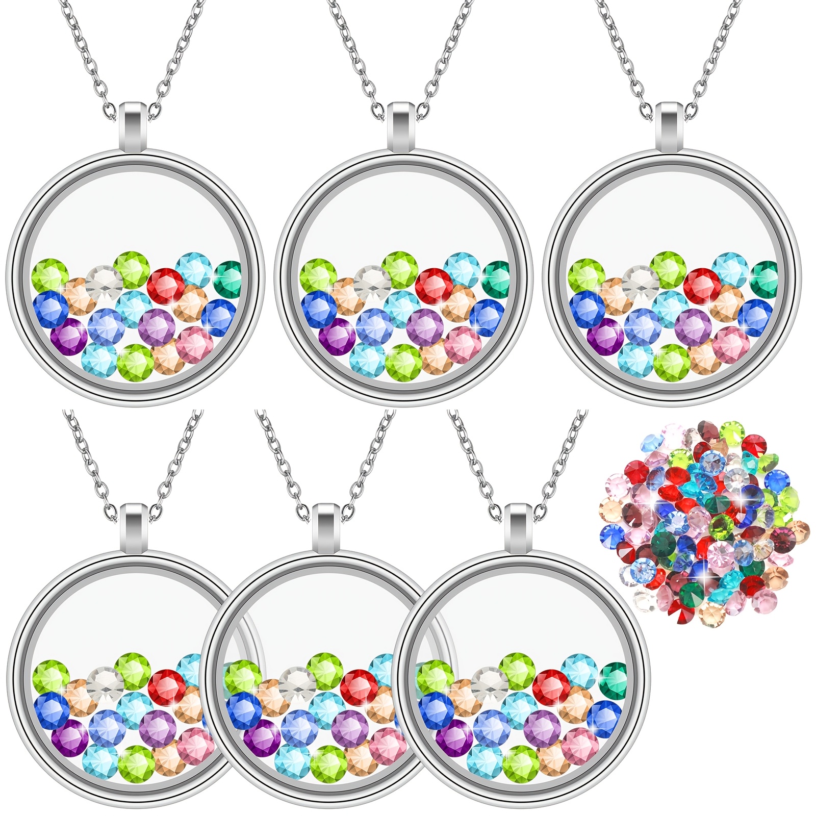 

6pcs Diy Locket Necklaces Set, Floating Round Pendant Memory Jewelry For Women, Keepsake, No Electricity Needed