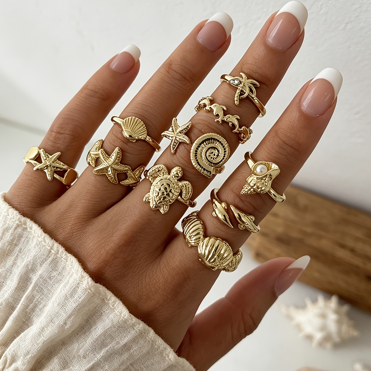 10pcs Alloy Pearl Rhinestone Inlaid Ring Set Fashion Artificial Conch Artificial Shell Starfish Coconut Tree Stackable Set Gift Holiday Ring Set