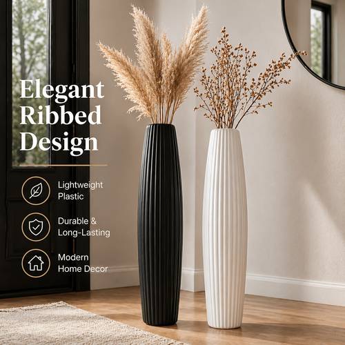 set of 2 large floor vases 22 8 inches tall modern vertical stripe plastic decorative vase set suitable for living room entryway bedroom corner decoration black and white