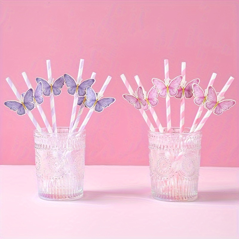 

6pcs, Pink Purple Butterfly Disposable Paper Straws, Butterfly Theme Birthday Decoration Gifts For Guests Bridal Shower Wedding Party Straws Supplies