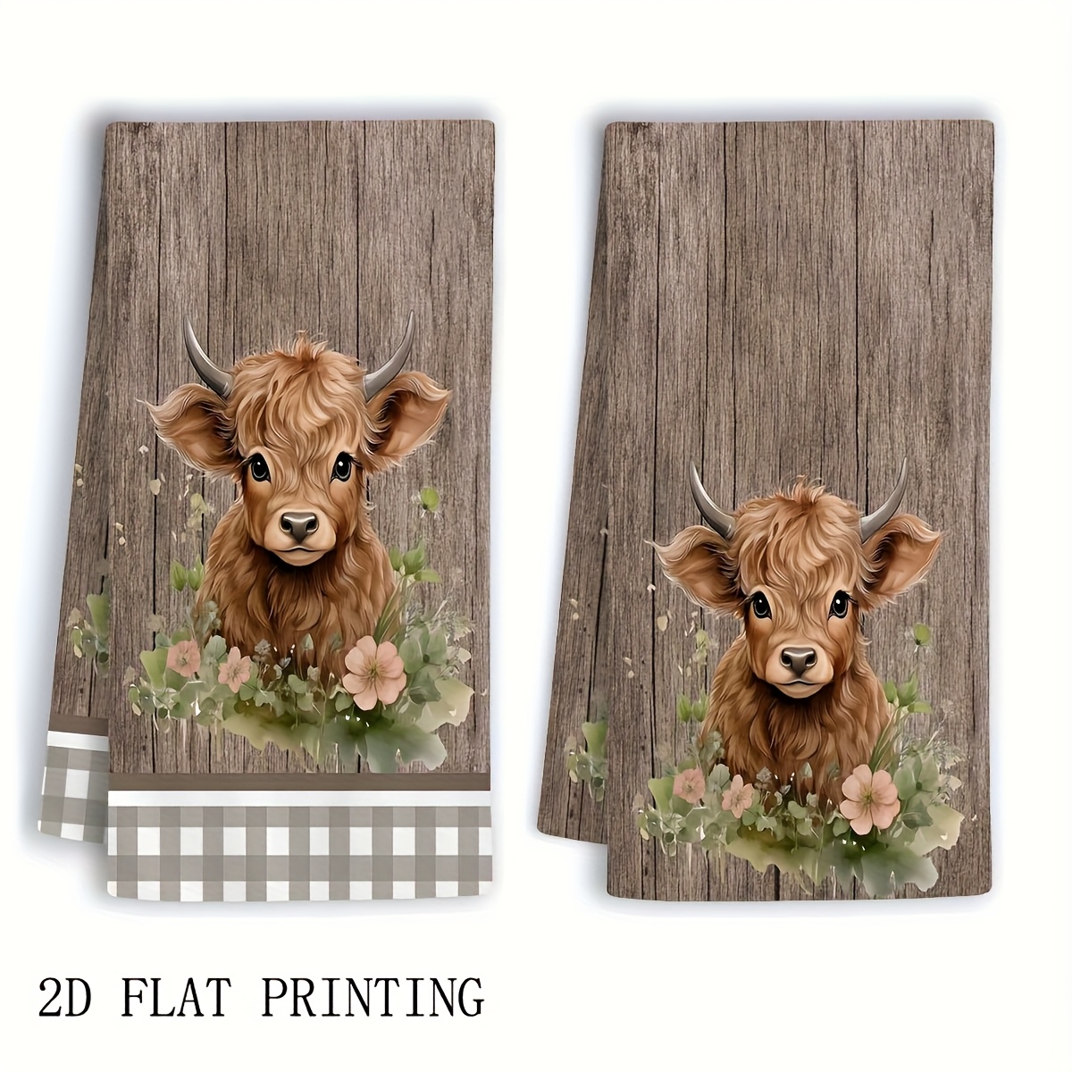 E-shop Set mit 2 Highland Kuh Küchentüchern mit Blumenmuster - Mit niedlichen Kühen und floralen Designs. Diese rustikalen, saugfähigen Handtücher sind