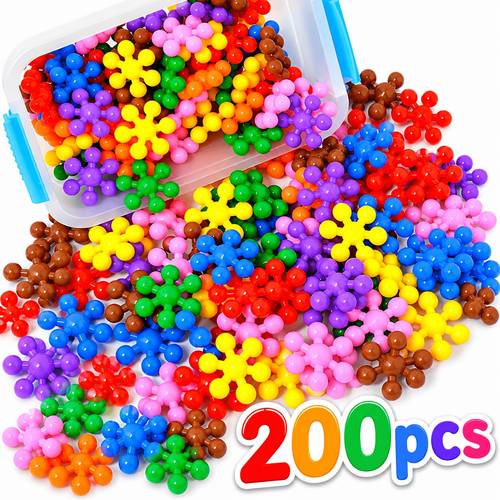 200pcs bagged assorted color hexagonal 3d snowflake building blocks set made of pp material childrens stacking block toys and cognitive interlocking toys for fine motor skills and hand eye coordination develops awareness