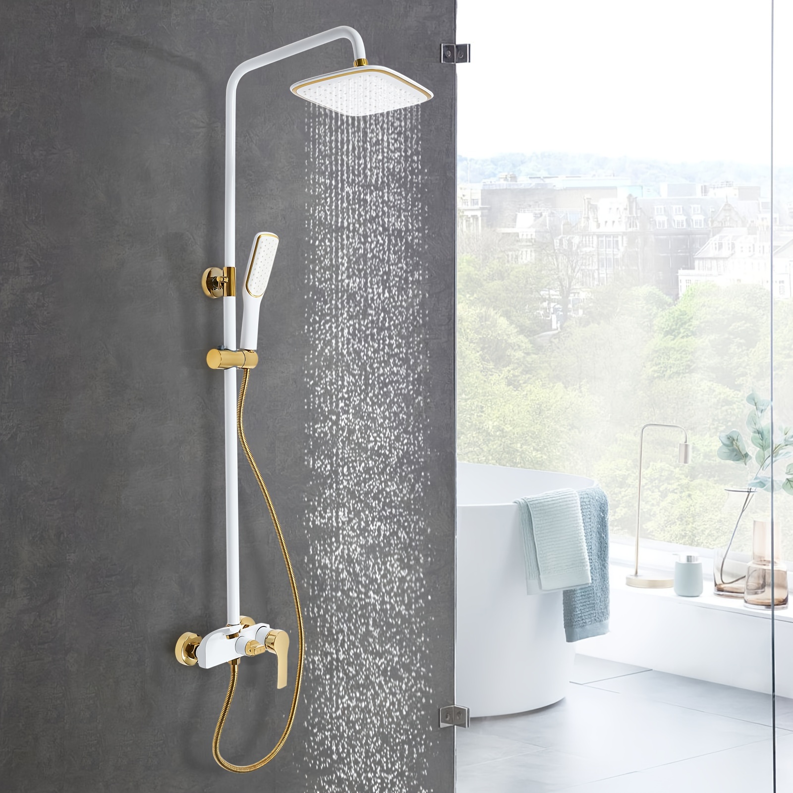 Image of Golden Shower Head, Shower System Including Hand Shower Set Height Adjustable