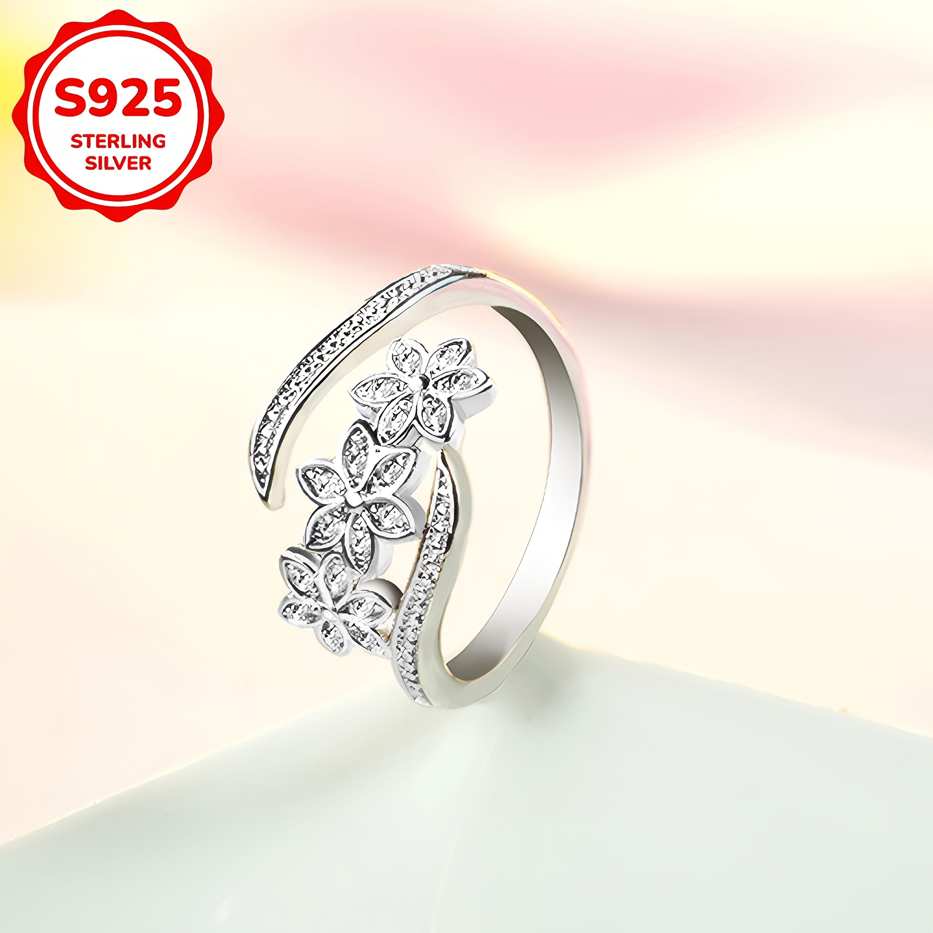 Adjustable 925 Silvery Women's Ring with Zirconia Inlay Flowers