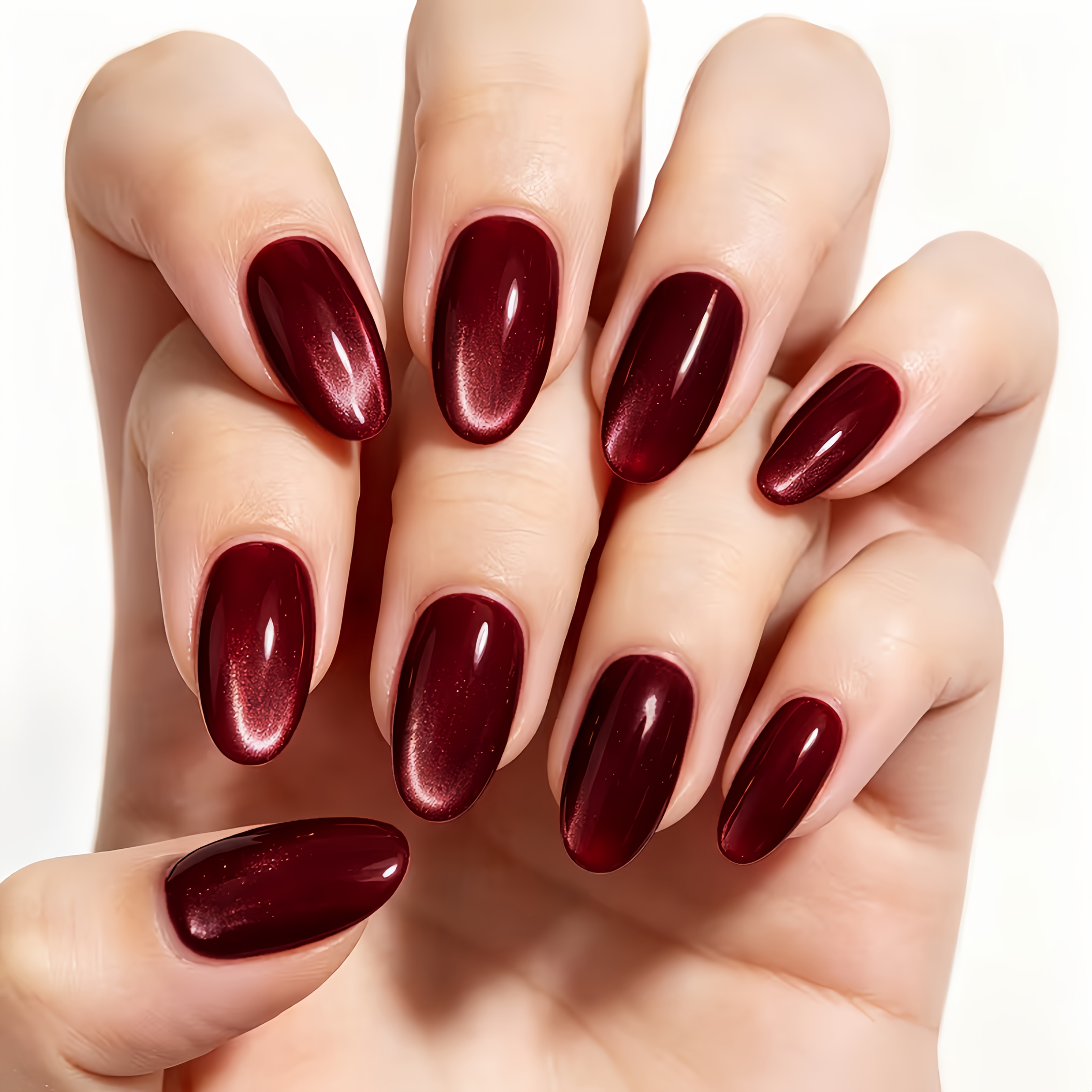 TEMU 25pcs Set (24pcs Press-on Nails And 1pc Nail Gel) Burgundy Almond Medium Size Sparkly Cat-eye Glossy Fake Nails - Exquisite Manicure, Artificial