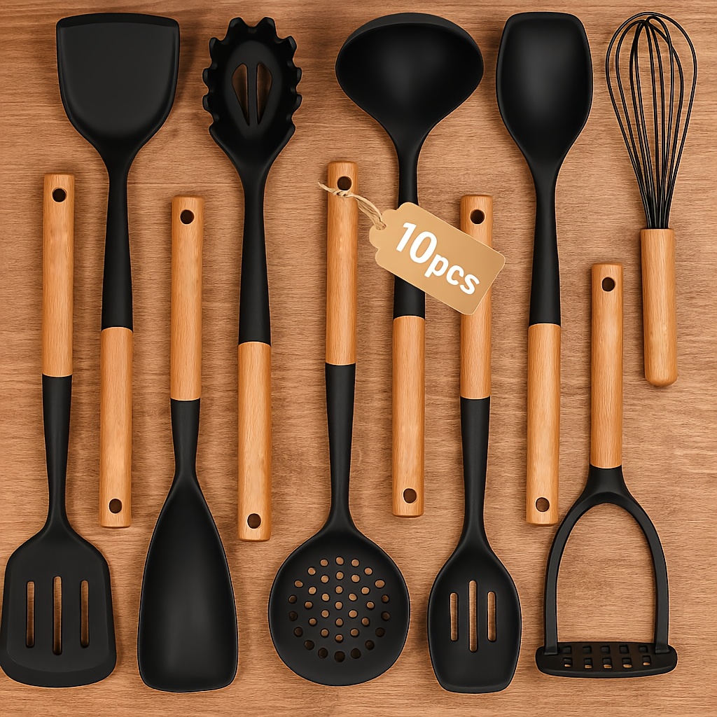 TEMU 10pcs Silicone Cooking Utensils Set , Nonstick Kitchen Utensils Set With Wooden Handle, Heat Resistant Spatula Set For Cooking, Heat Resistant