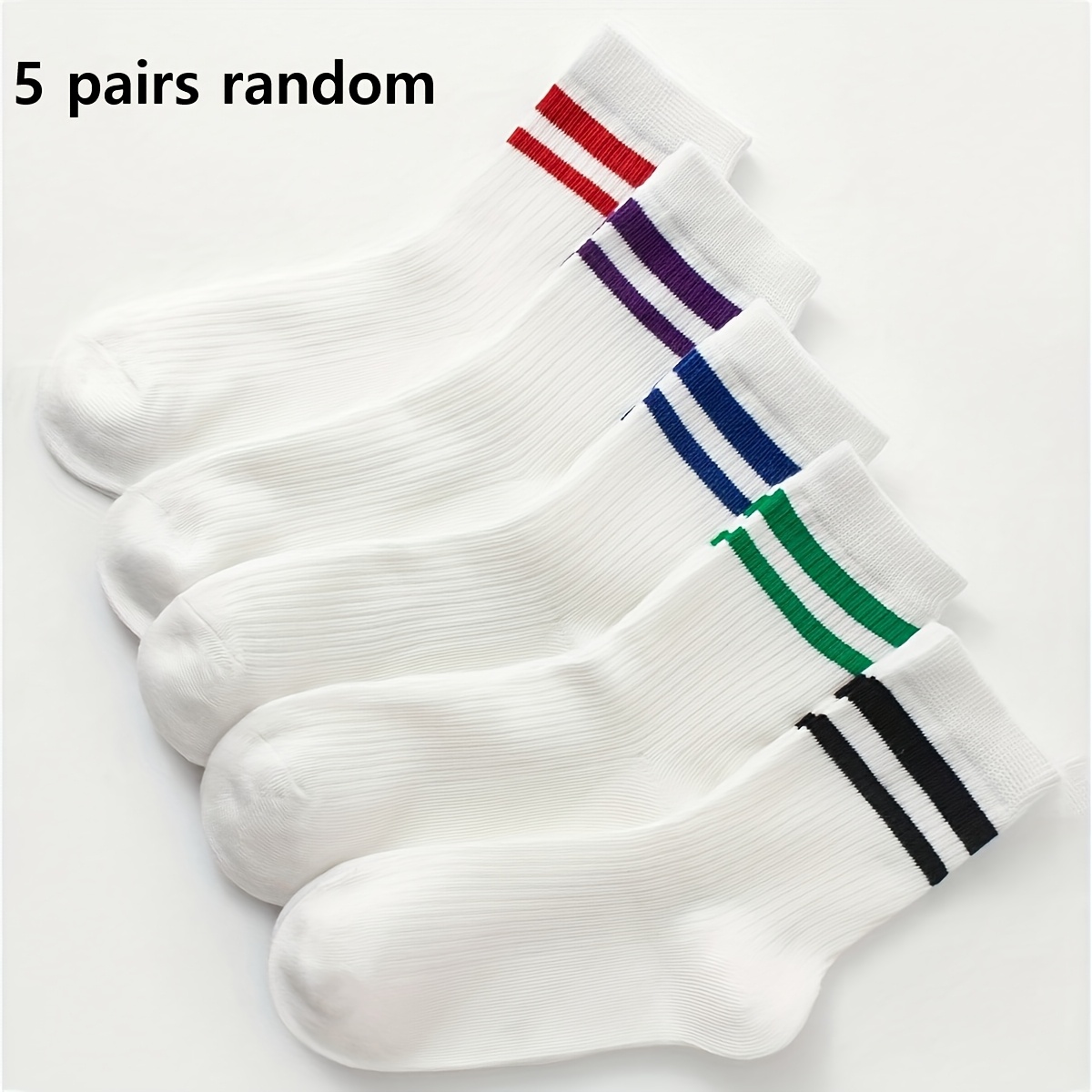 5 Pairs Of Socks. Are Easy And Classic Ribbed Color-striped School-style Sports Casual Breathable And Comfortable Mid-calf Socks, Suitable For Daily Life, Sports, Back-to-school, And Travel