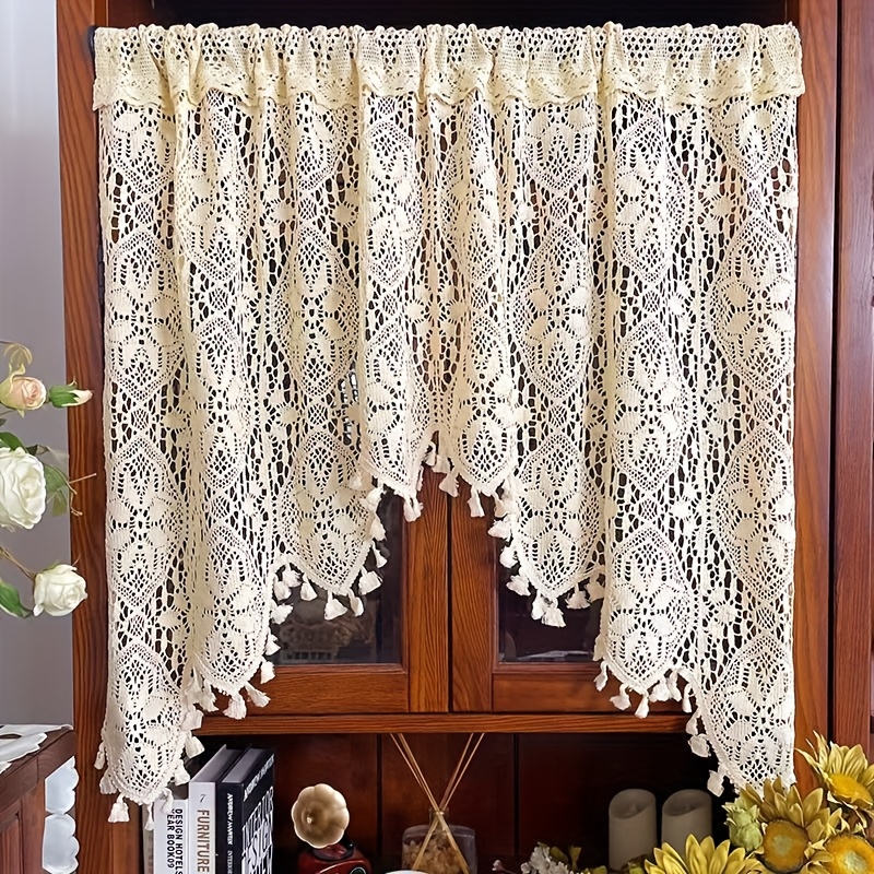 Image of Bohemian Vintage Lace Beige Arch Door Curtain Cabinet Curtain Kitchen Divider Decorative Short Curtain, 1pc