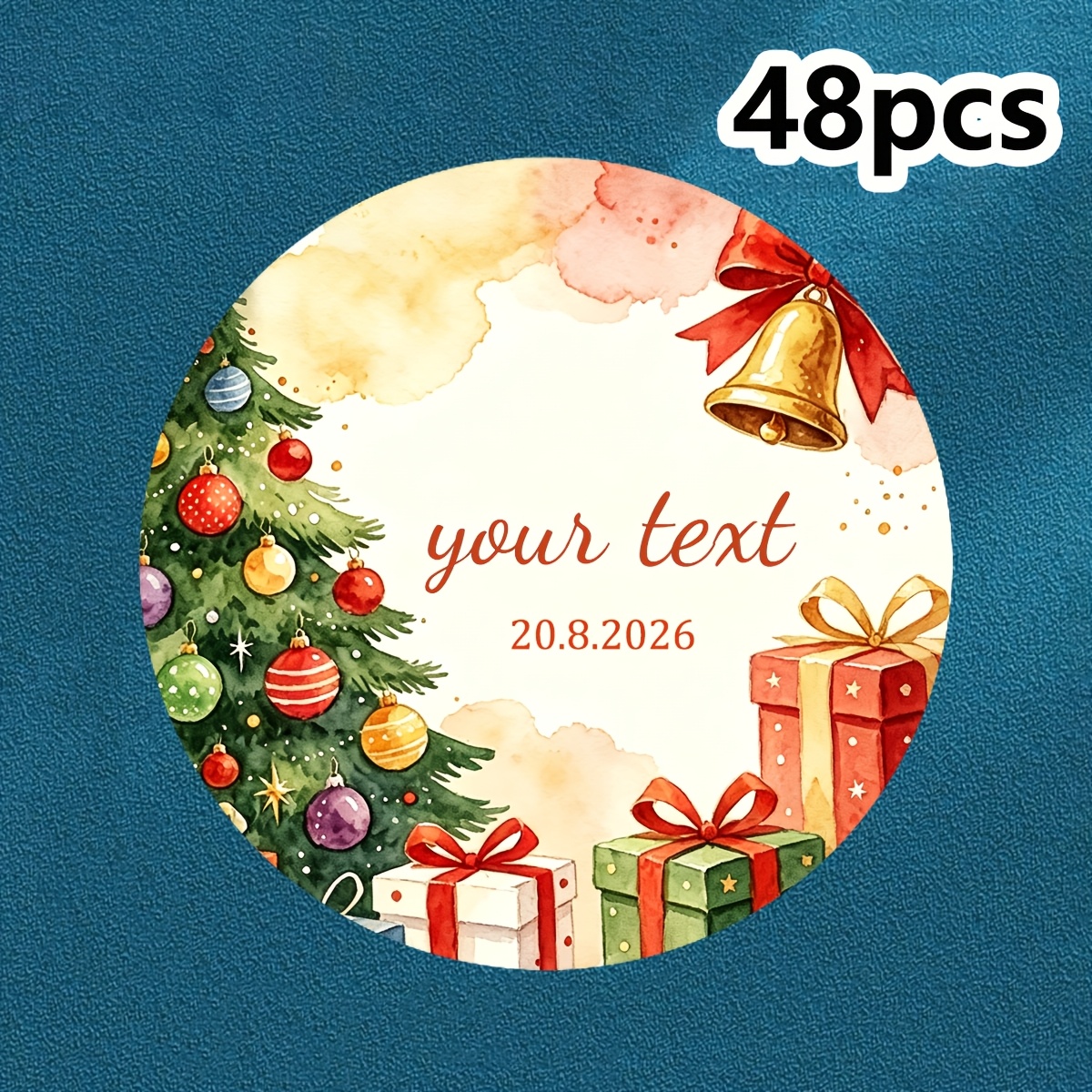 TEMU 48/96pcs Personalized Custom Round Stickers, Custom Text And Date, With Watercolor Christmas Tree Ball , Christmas Blessing Theme Stickers,