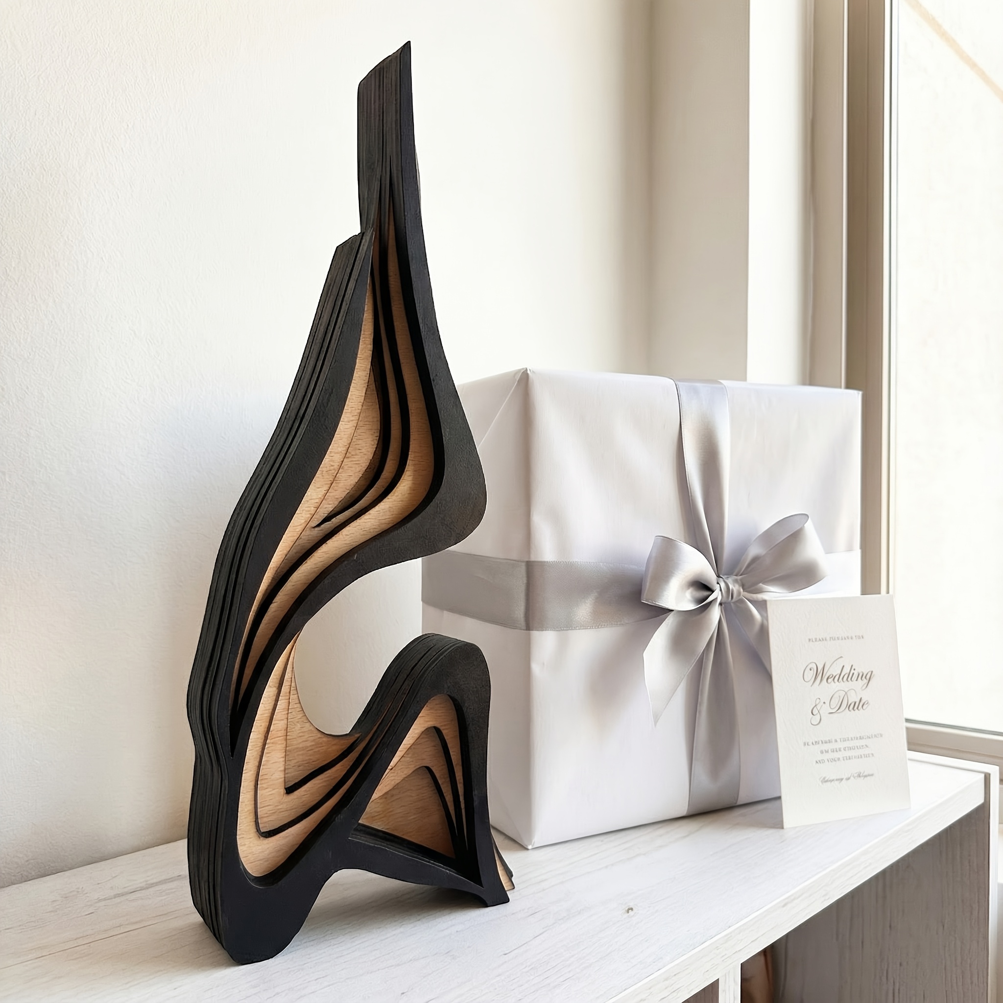 Modern Abstract Geometric Sculpture Statue - Minimalist Wood Statues, Elegant Indoor Decor for Living Room & Bookshelf, Wedding & Valentine's Gift Suitable for, Mothers, Fathers - Multi-Holiday Art (Valentine's, Mother's Day,)
