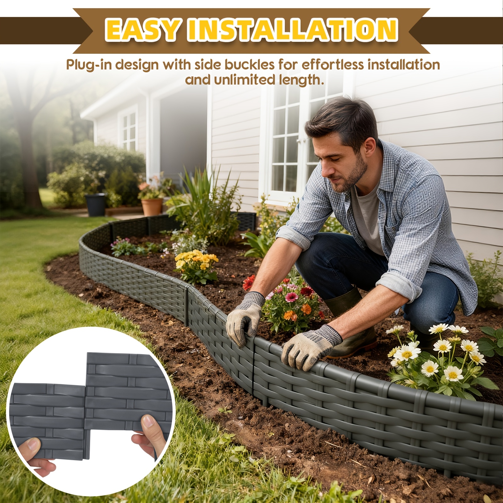 【2d Flat】 [2d Flat] 5/10m Plastic Lawn Edging, Plastic Lawn Edging, Rattan Looking Design Flower Bed Edging For Gardens, Trees