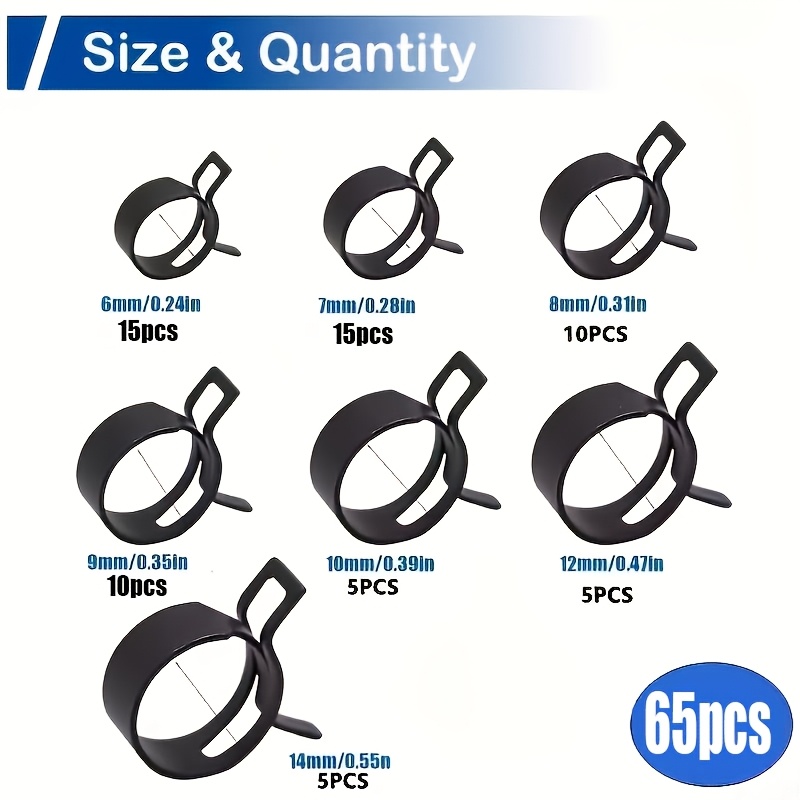 TEMU 65pcs | 7 Different Sizes, Designed To High-pressure Environments | Black Plated Spring Steel Oil Hose Clamps Clip Ring Hose Clamp Metal Clip