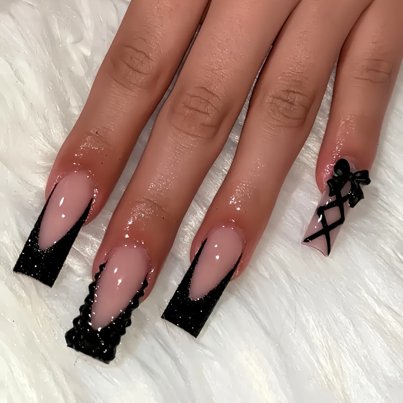 TEMU A Set Of 24 Elegant Square-shaped Press-on Nails With Black Bows And Glitter Designs. Suitable For Women And To , For Dates Or Shopping. Includes Jelly Glue And A Nail File