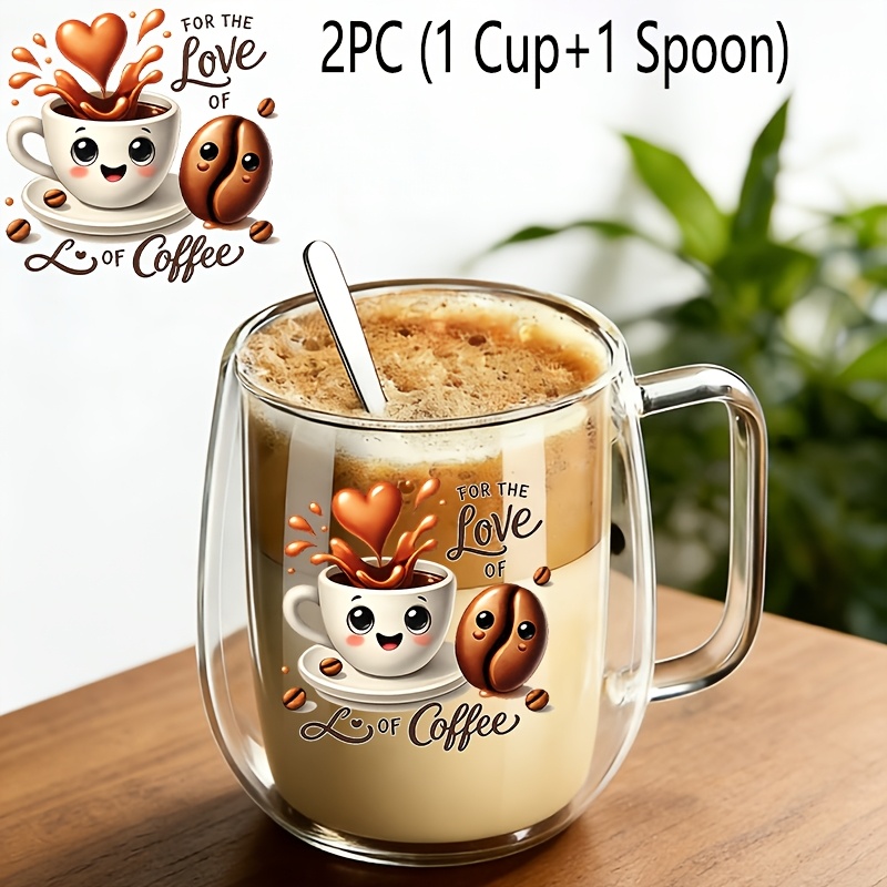 TEMU 2 pezzi (1 in vetro + 1 cucchiaio), riutilizzabile in borosilicato a parete isolata con , da caff癡 di grande capacit� per bevande e fredde per e