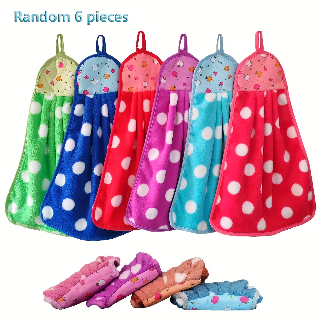 Image of 6pcs, Mixed-color Hand Towels, 6 Colored Cartoon Cute Household Hanging Coral Fleece Kitchen Towels, Bathroom And Bathroom Absorbent Handkerchief Hand Towels