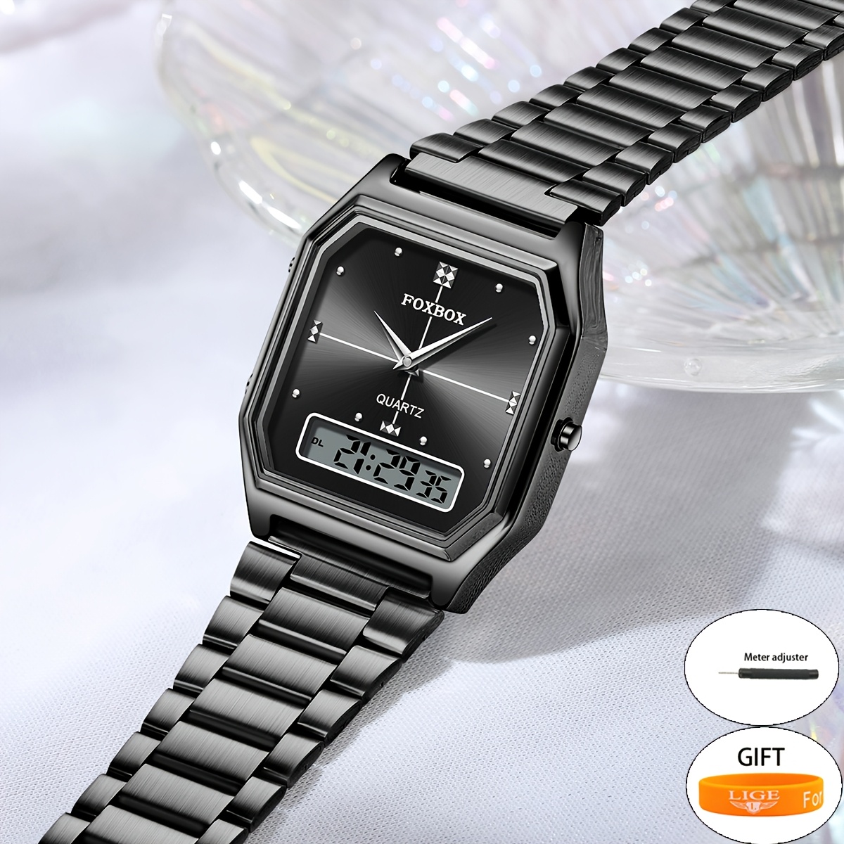 Image of Lige Retro Women's Watch, Luxury Square Stainless Steel Strap, Digital Quartz Watch, Minimally Casual Women's Watch, Women's Gift, Men's Gift, With Ring, Men's Watch Set