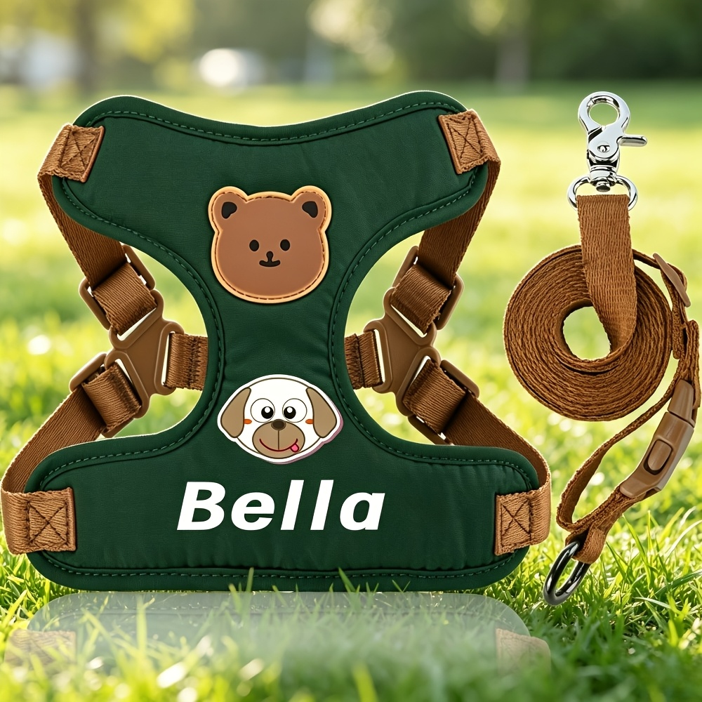 TEMU Custom Dog Harness And Leash Set For Small To Medium Breeds, Customizable , Anti-pull Soft Padding Vest-style Harness With Bear Pattern,