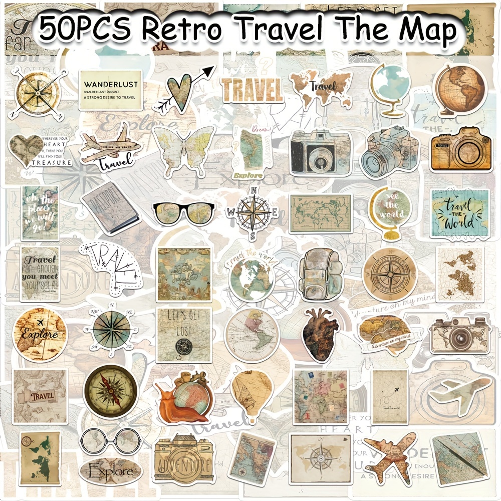 

50pcs Retro Travel Map Art Graffiti Stickers - Waterproof Pvc, Vintage Explorer & Designs For Scrapbooking, Laptop, Luggage, Phone Case, Diy , Retro Travel Poster