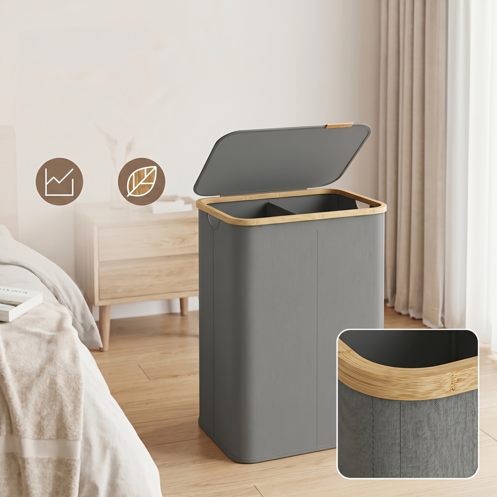 TEMU Cesto portabiancheria con , cesto per vestiti pieghevole con struttura in bamb羅 per l'organizzazione della camera da letto, 26,4 , grigio e ,