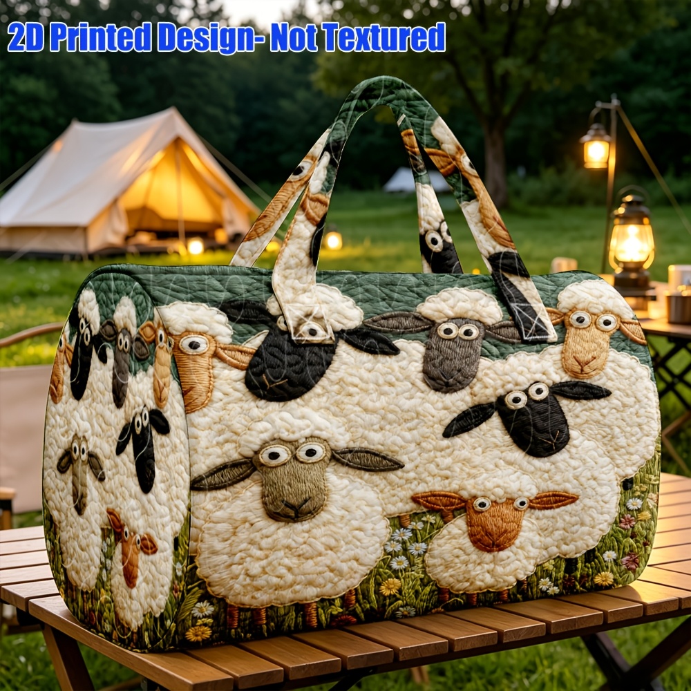 TEMU 1pc Quilted Cartoon Lamb Boston Bag, Green Pattern, Cozy Pastoral Style, Suitable For Women, Halloween Thanksgiving Christmas Gift, Random Print