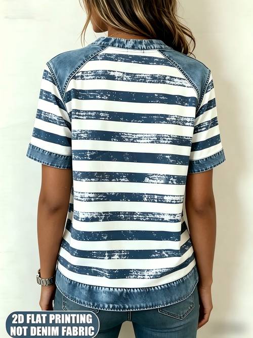 printed pants not denim fabric womens striped denim 2d printed casual color block short sleeved loose blouse daily wear vacation fashion womens clothing digital printing non denim fabric