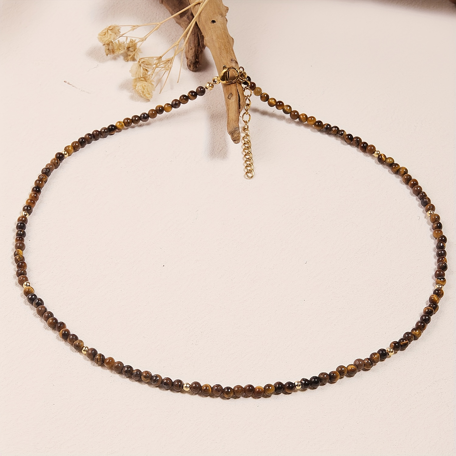 E-shop Naturstein . Damen Tigeraug Halskette Runde Perlen mit goldenen Akzenten Handgefertigt Goldbrauner Glanz Elegante Statement Schmuck