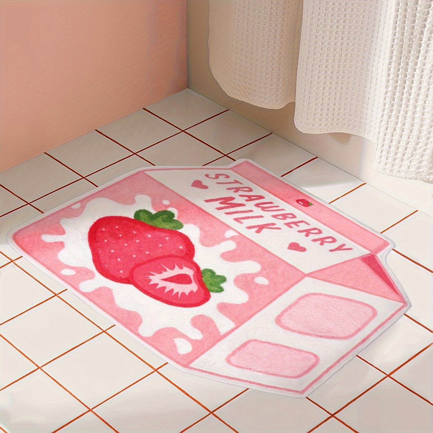 TEMU Cute Pink Fruit Strawberry Milk Rug Non-slip Soft Washable Funny Irregular Shaped Bath Mat For Bathroom, Bedroom Living Room