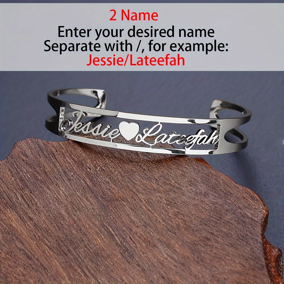 TEMU A Customized Personalized Love Heart Couple Bracelet, Plated With Stainless Steel, Engraved With 2 English Names, Open Bracelet, Elegant And