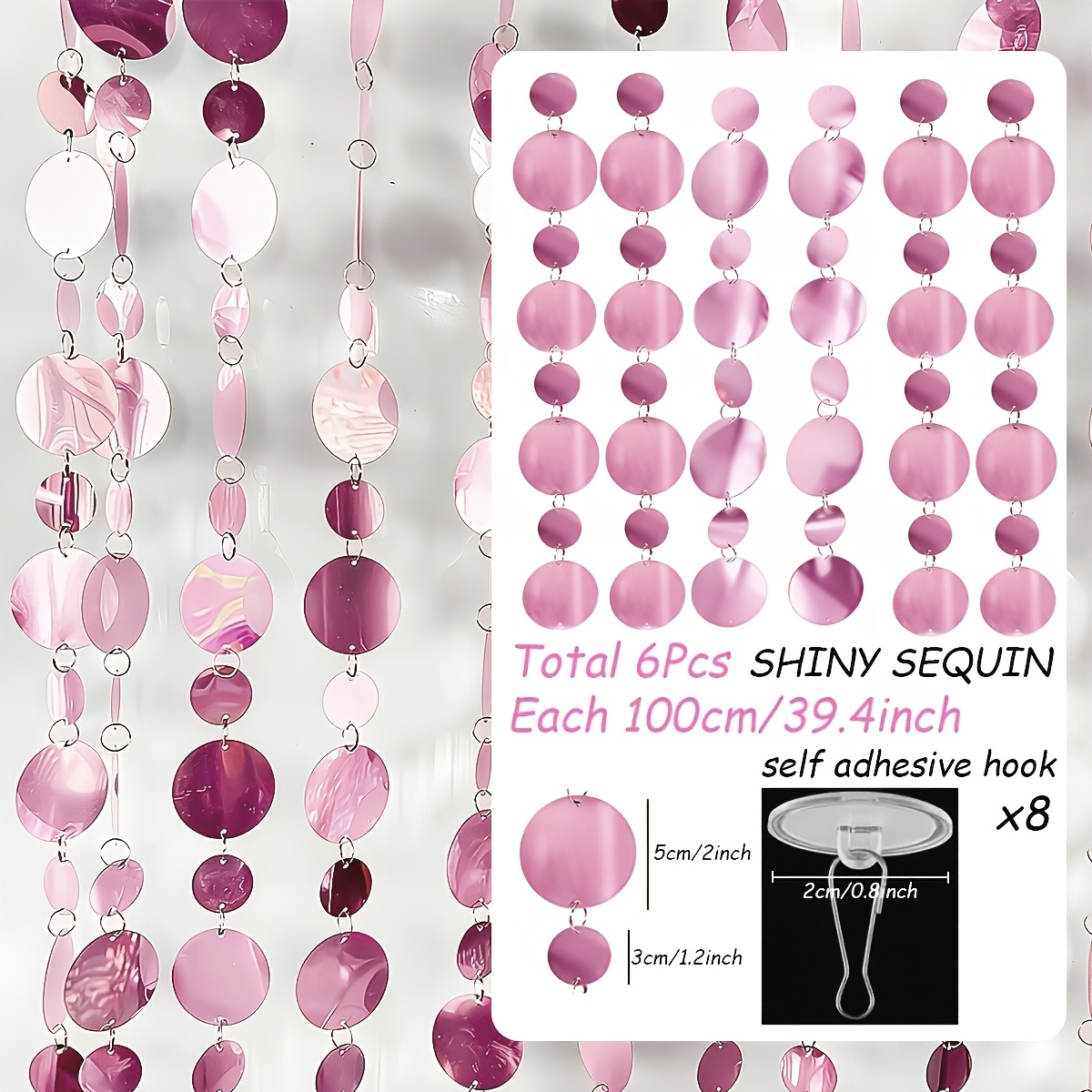 TEMU 6 couronnes roses + 8 crochets, décoration à paillettes roses, ensemble de guirlande à paillettes avec crochets - 5,99 mètres de long, décor de