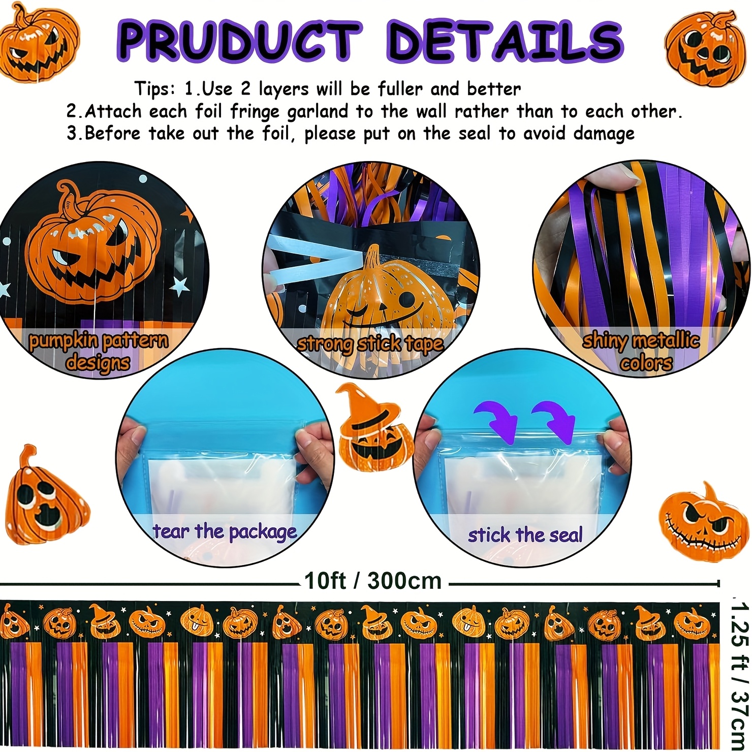 TEMU 4pack Halloween Parade Floats Foil Fringe, Each 37x300cm Orange Purple Black Pumpkin Tinsel Streamers Garland Banner Table Skirts For Halloween