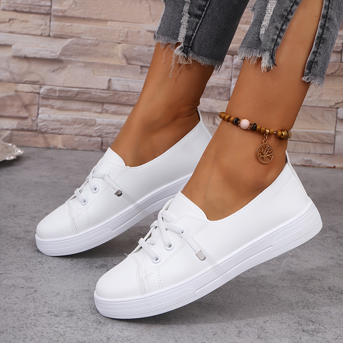 Image of Classic White Women's Flat Sneakers - Elegant Lace-, Comfortable Synthetic Insole And Durable Sole, Versatile Footwear, Women Shoes