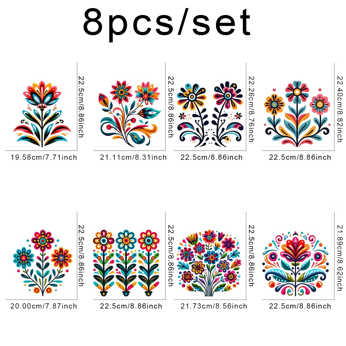 TEMU 8pcs Fiesta Flowers Diy Iron On Transfers - Vibrant Multicolor Floral Designs, Washable Heat Transfer Stickers, No Sew Applique For T-shirts,