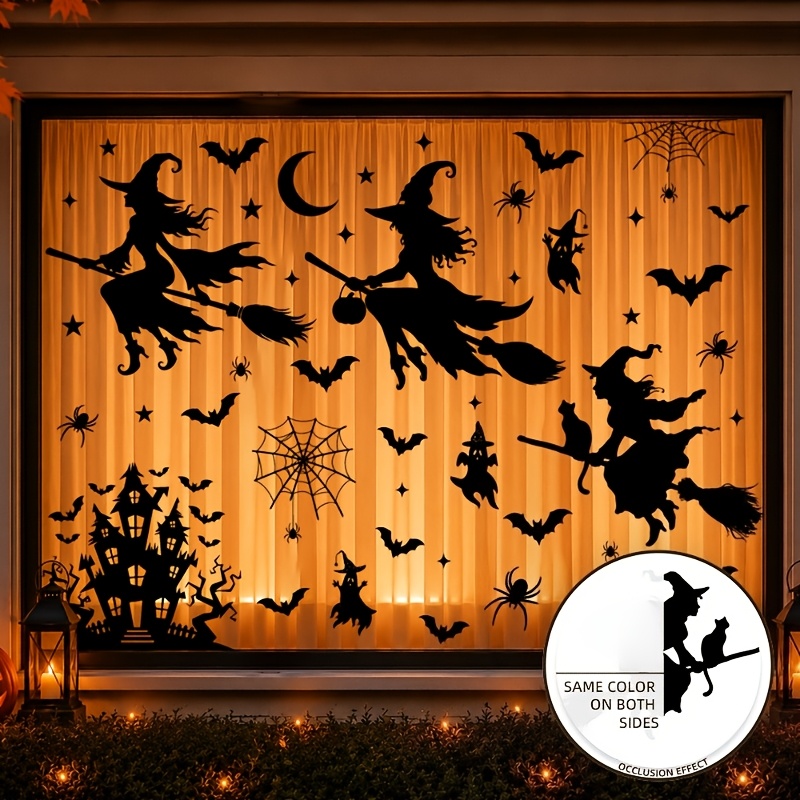 TEMU Gothic Halloween Static Window Cling Double Sided Flying Witch Haunted House Crescent Spiderweb Glass Decal Reusable Removable Indoor Outdoor