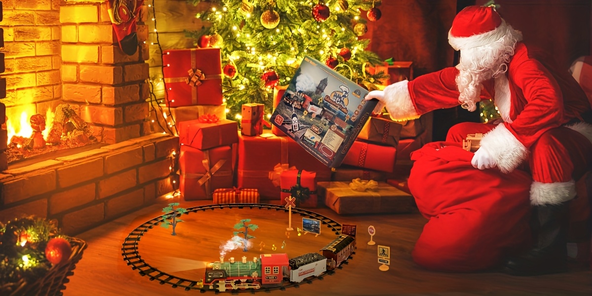 Multi-Item Party Favor Pakcs Christmas Electric Train Set with Steam, Sound And Light, Remote Control Train Toys with Locomotive Engine, Cargo Cars Tracks, Rechargeable Party Toy Train for Kids Boys 3+ Year Old