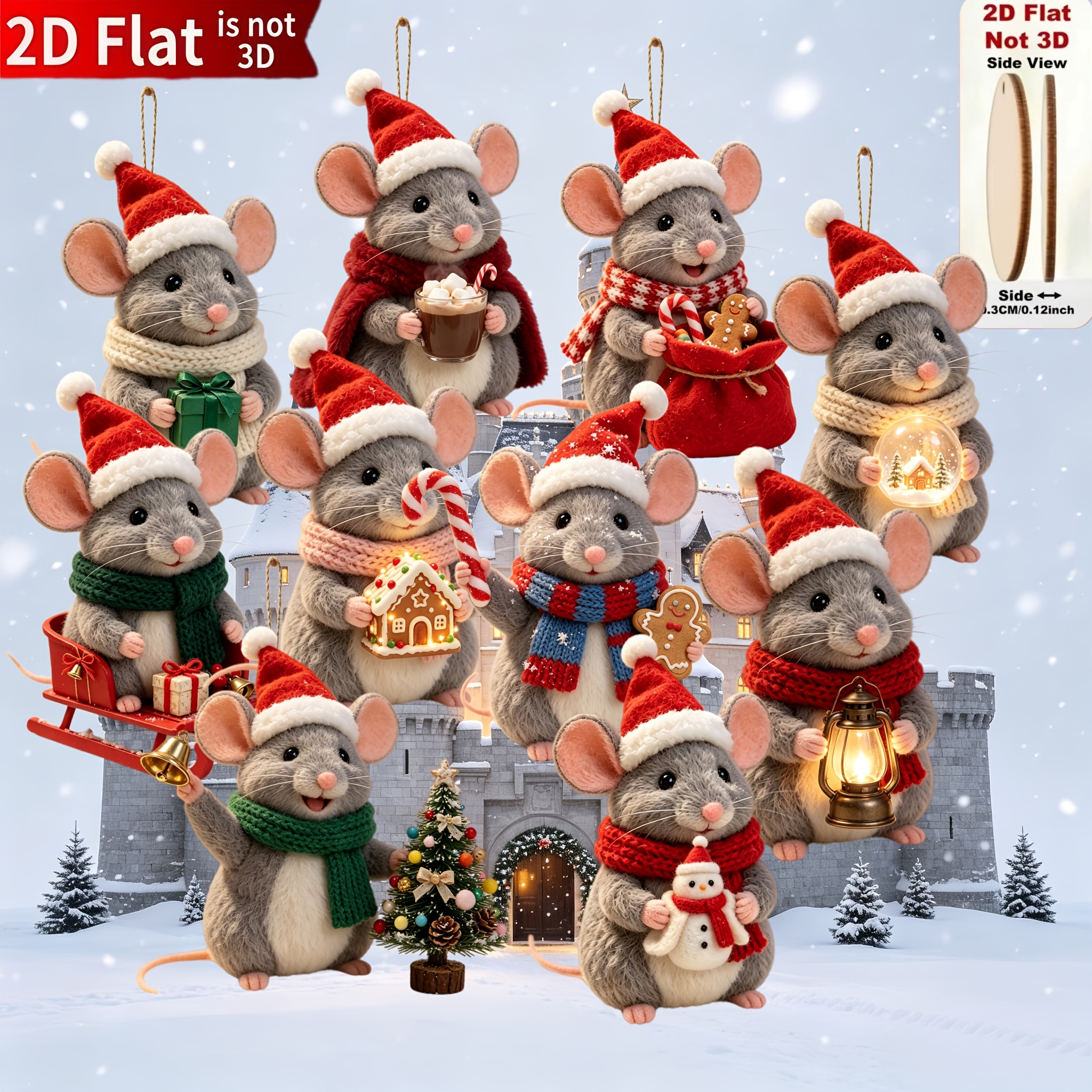 TEMU 2d Flat, 10pcs Set, Little Mice Wearing Santa Hats Christmas Ornaments, Handmade Wooden Christmas Plaque Hanging Decorations - Gift, New Year
