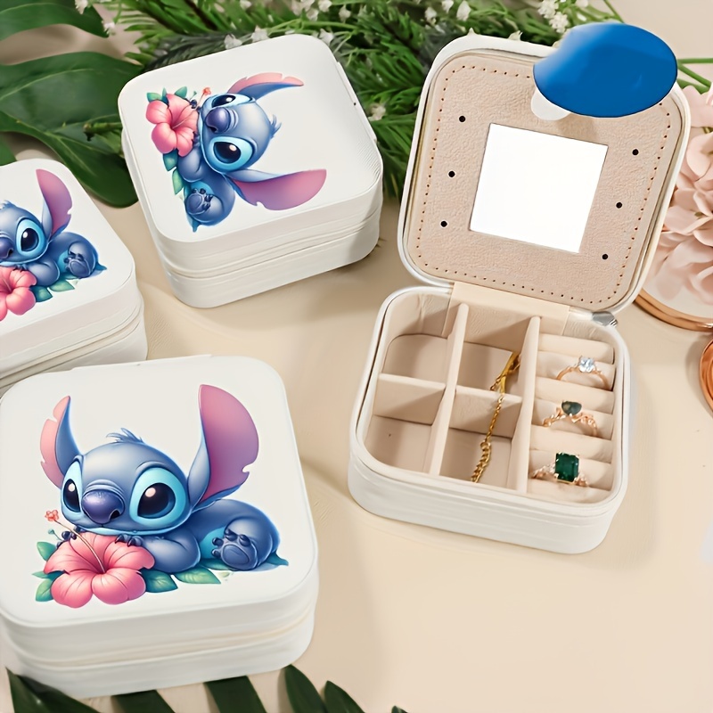 

Stitch Cartoon Portable Double Layer Jewelry Organizer Box - Korean Style, Faux Leather Earring Necklace Ring Storage Case - White Hand Washable Handbag Organizers With Random Printing