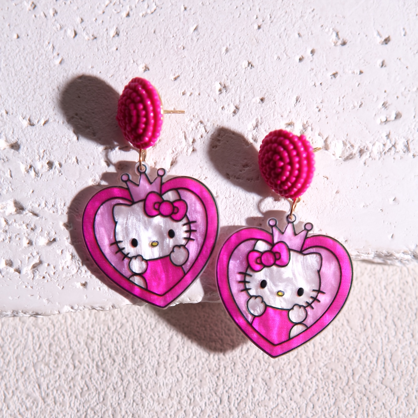Handmade Glossy Resin Heart KT Cat Crown Drop Earrings