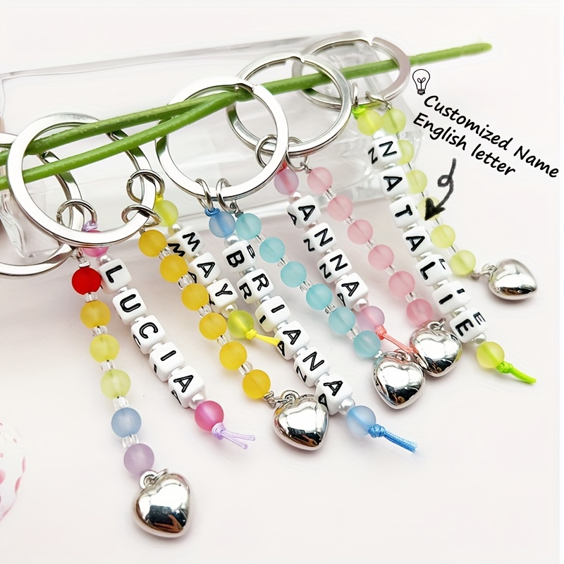 

Custom Acrylic Beaded Letter Keychain With Heart Charm, Personalized Name Pendant, Cute Gift