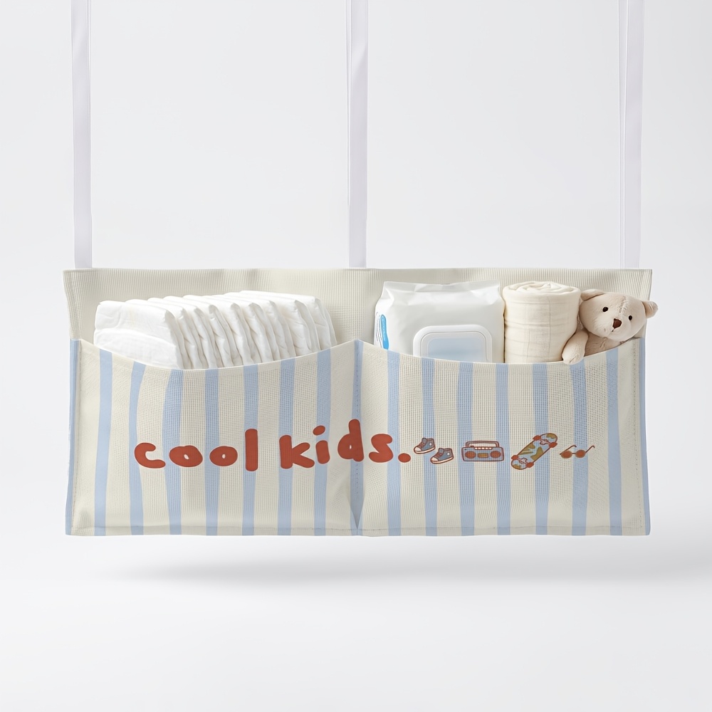 TEMU 1 pièce Sac de rangement suspendu pour couches avec typographie stylée et rayures bleues - Mur/Suspension, convient pour poussette, étagère de