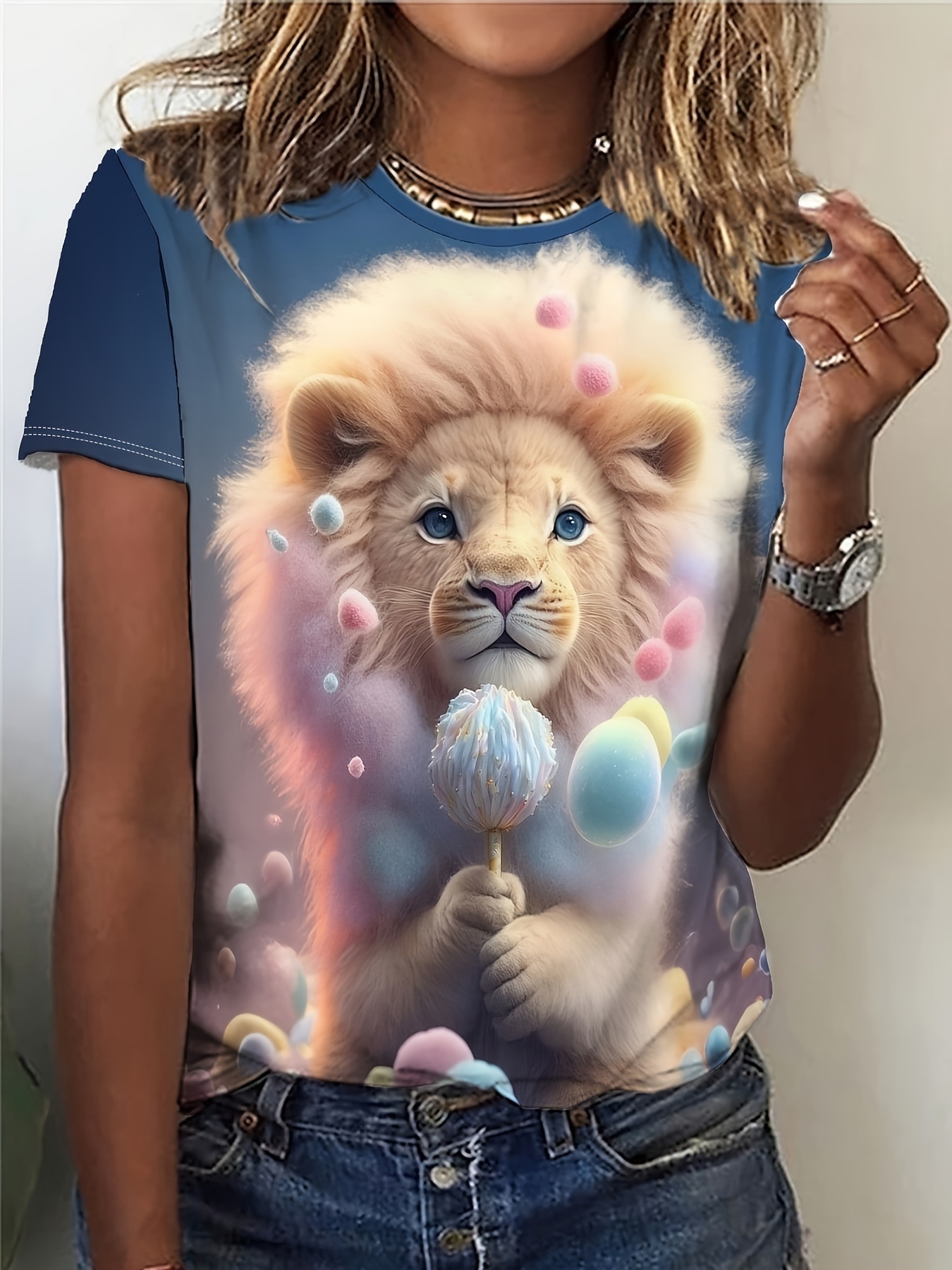 damencasual-t-shirt mit kurzarm, verspieltem löwen- & lutscherdruck, geometrischem muster, mittlerer stretch-rundhalsausschnitt, maschinenwaschbar für frühling sommer herbst, traumhaft ästhetisches oberteil, nicht durchsichtiges material