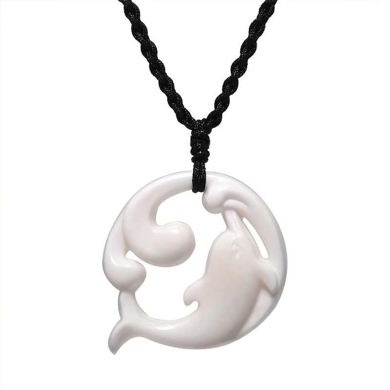 TEMU Gx135 Surfing Pendant Yak Bone Engraved Dolphin Necklace Handmade Jewelry Marine Animal Circle Pendant