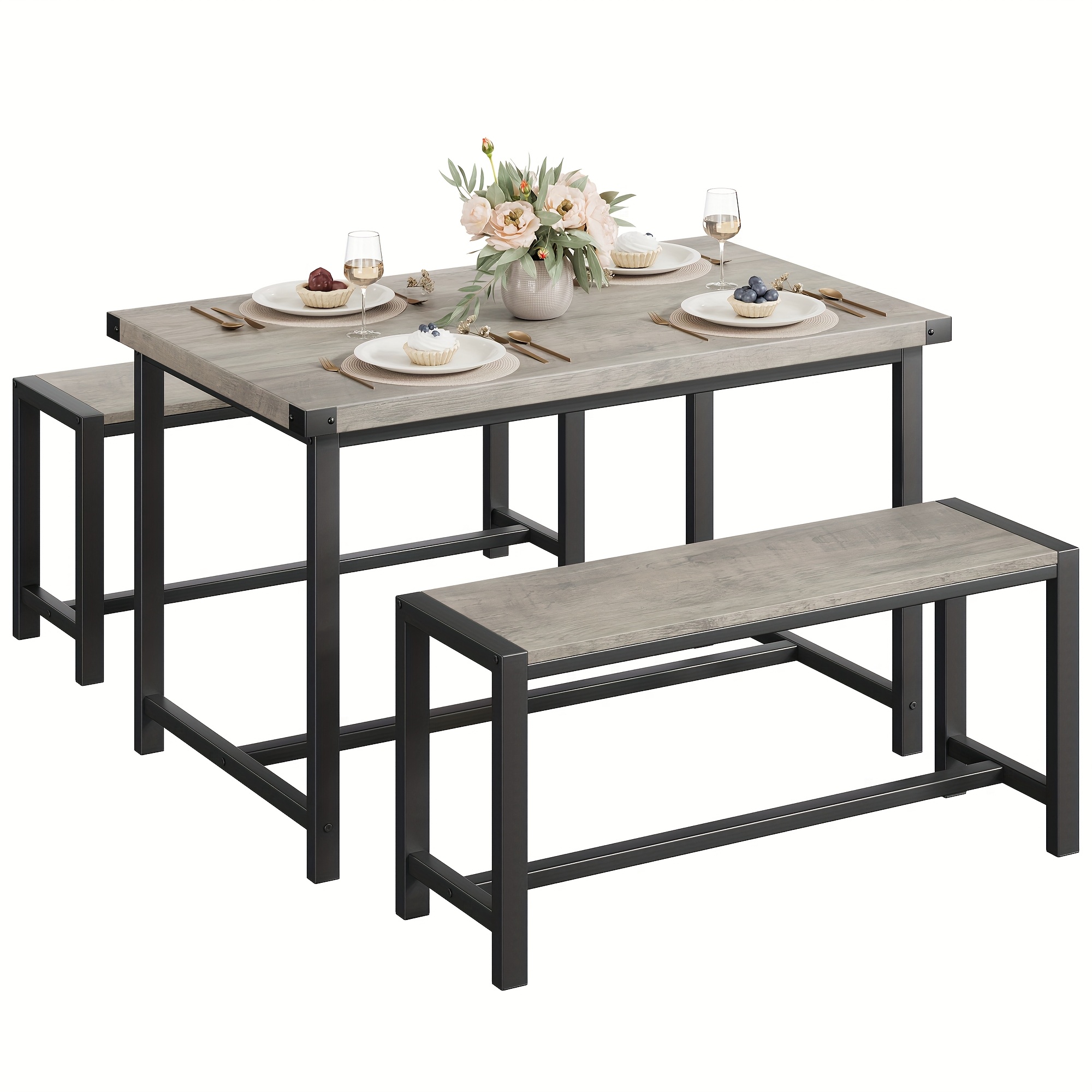Dining Table Set For 4, Wooden Kitchen Table With 2 Benches, 3pcs Rectangular Dining Room Set, Space Kitchen Tables Sets For Apartment, Space, Home