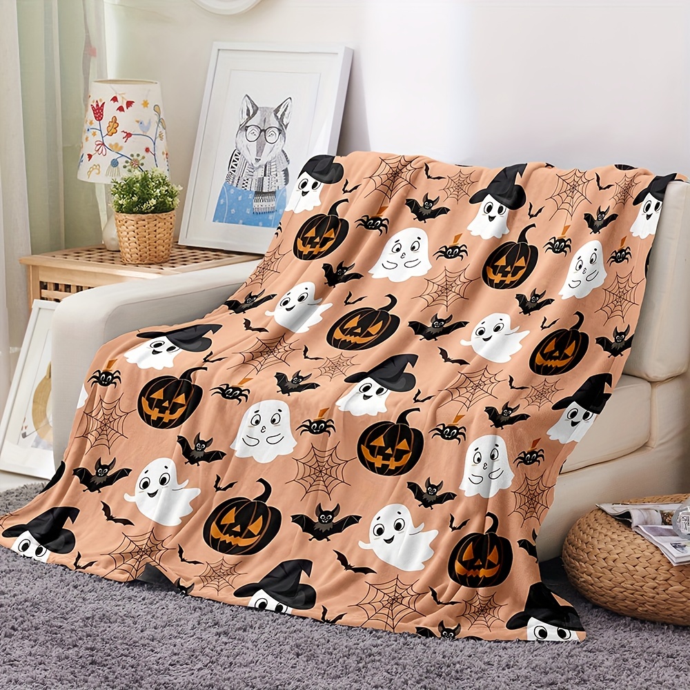 

Fleece Throw Blanket: Spider Webs Witch's Hat Black Bats And Decorated Pumpkins Print On Soft Flannel Fleece Throw Blanket