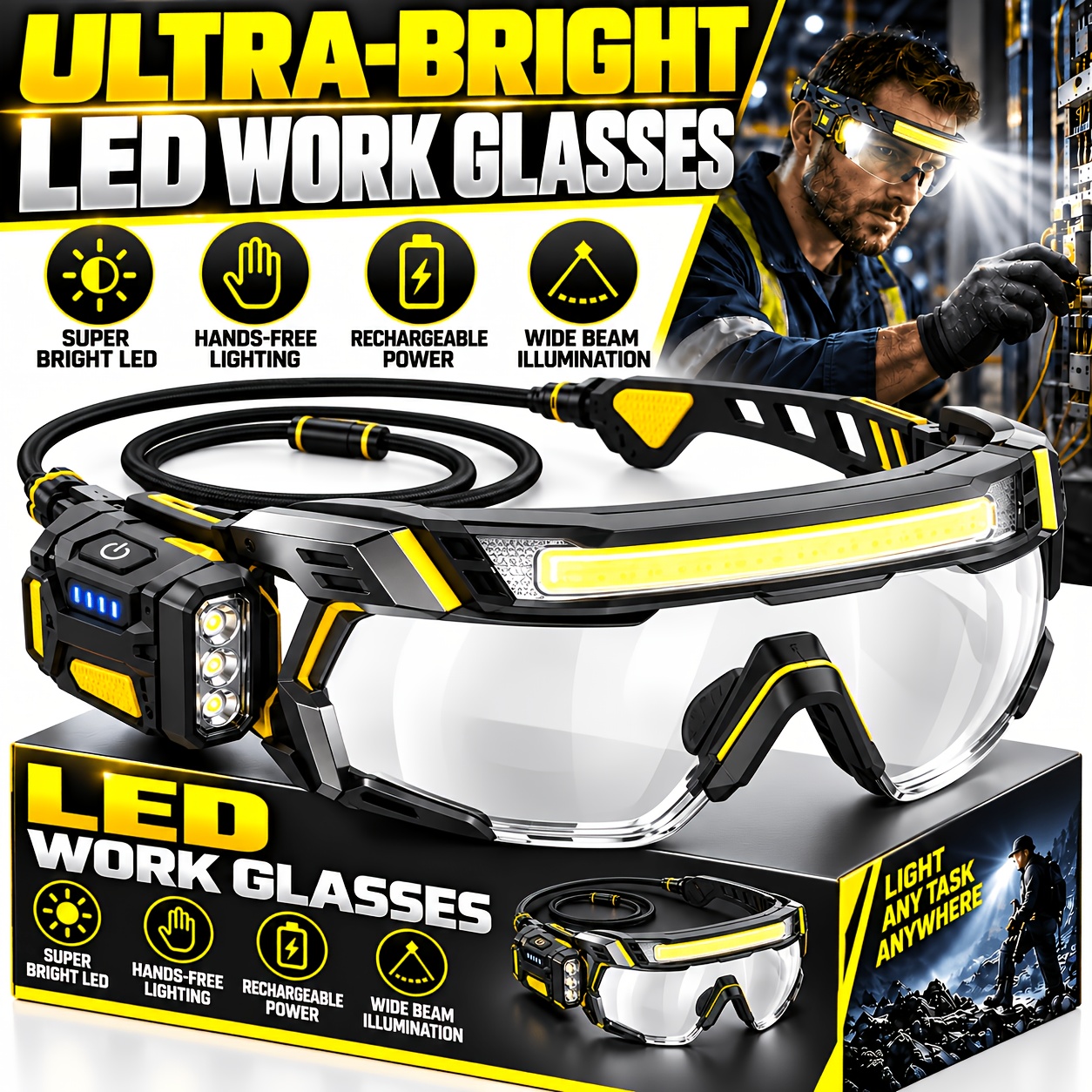 TEMU Rechargeable Led Safety Glasses With Light, Work Goggles, 4 Light , Bright Top Light Strip & Side Work Light, Usb-c Charging, Anti-loss Neck
