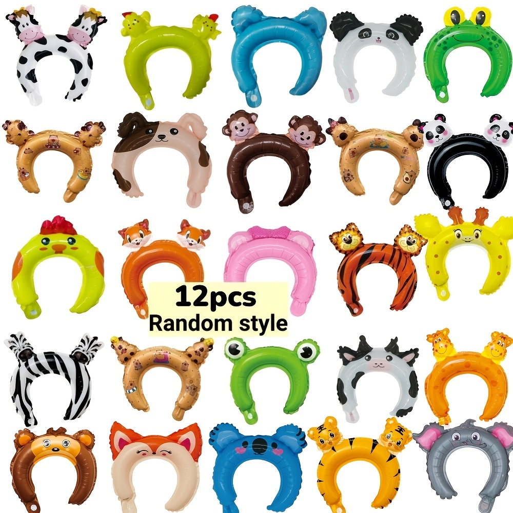 Image of 12pcs Zoo Animal Inflatable Headbands Wildlife Balloon Hair Hoops Forest Farm Animals Jungle Theme Birthday Party Supplies Random Pattern