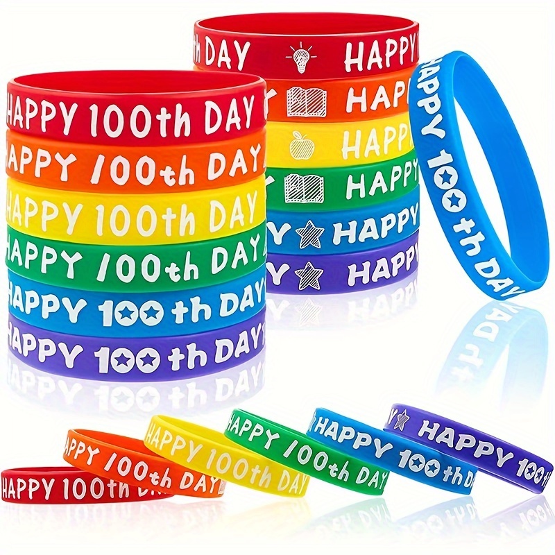 

24pcs Happy 100th Day Of School Silicone Bracelets - Rubber Wristbands For Party Favors & Decorations