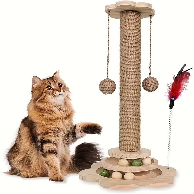 TEMU Kitten Scratching Post - 4 In 1 Cat Scratching Post, Wooden Cat Scratch Post With 2 Level Cat Sisal Balls Interactive Cat Toy & 2 Sisal Hanging Balls For Indoor Kittens, Gifts