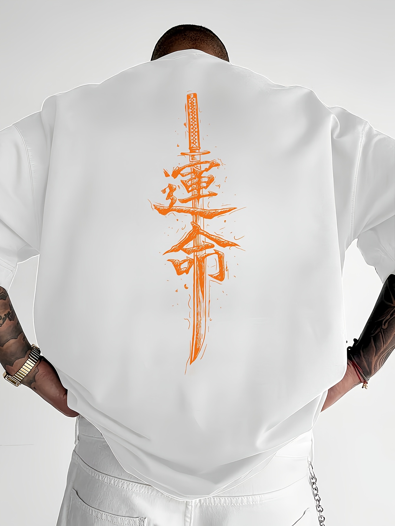 Men'S Japanese Samurai Sword Graphic T-Shirt - Casual Loose Fit Crew Neck, Short Sleeve Tee with Red Stylized Japanese Katanas Design, Breathable Polyester for Spring & Summer Outdoor Wear
